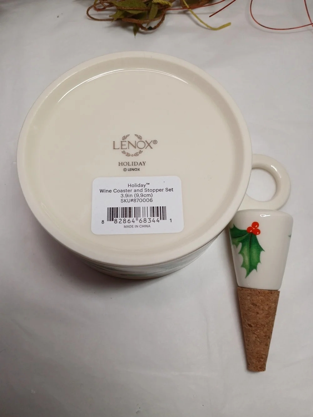 Lenox Cream, Green and Red Holiday Wine Coaster & Cork Stopper Set